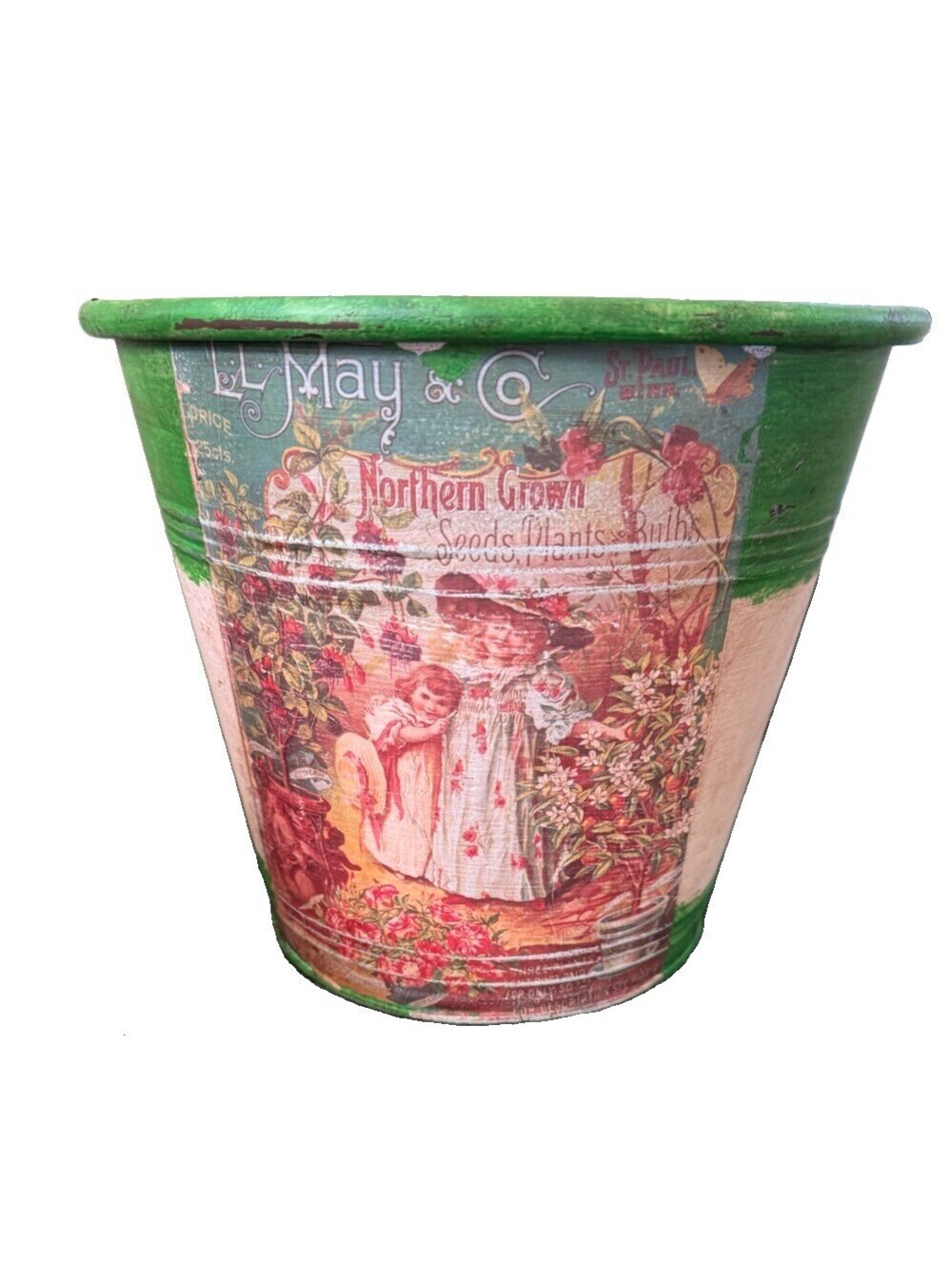 Vintage inspired french country metal bucket/pot green and cream cottagecore